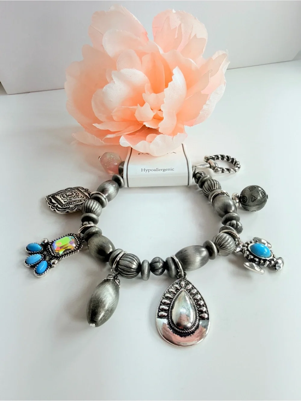 Silver-Tone Charm Bracelet with Turquoise Accents